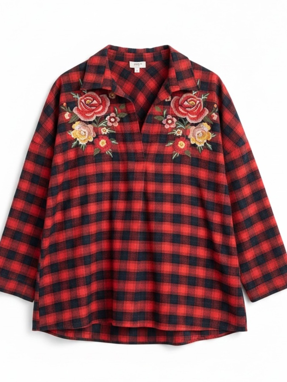 Umgee Red Black Buffalo Check Floral Embroidered V-Neck Flannel Tunic Top Large
